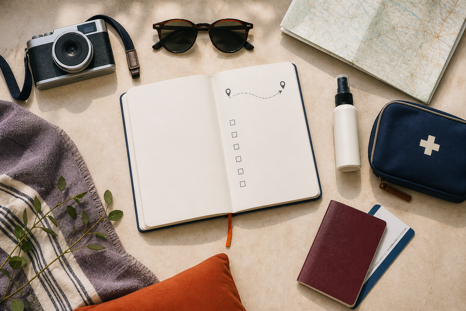 Travel planning checklist with passport, map, insect repellent and first-aid kit